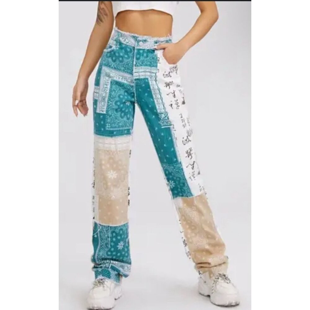 Shein Y2K Patchwork Jeans Size S 90s Boho Streetwear Retro‎ Upcycled Aesthetic